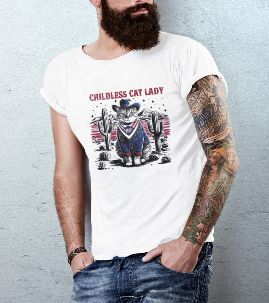Kamala 2024 Childless Cat Lady Cowboy Desert Cactus Scene T-Shirt