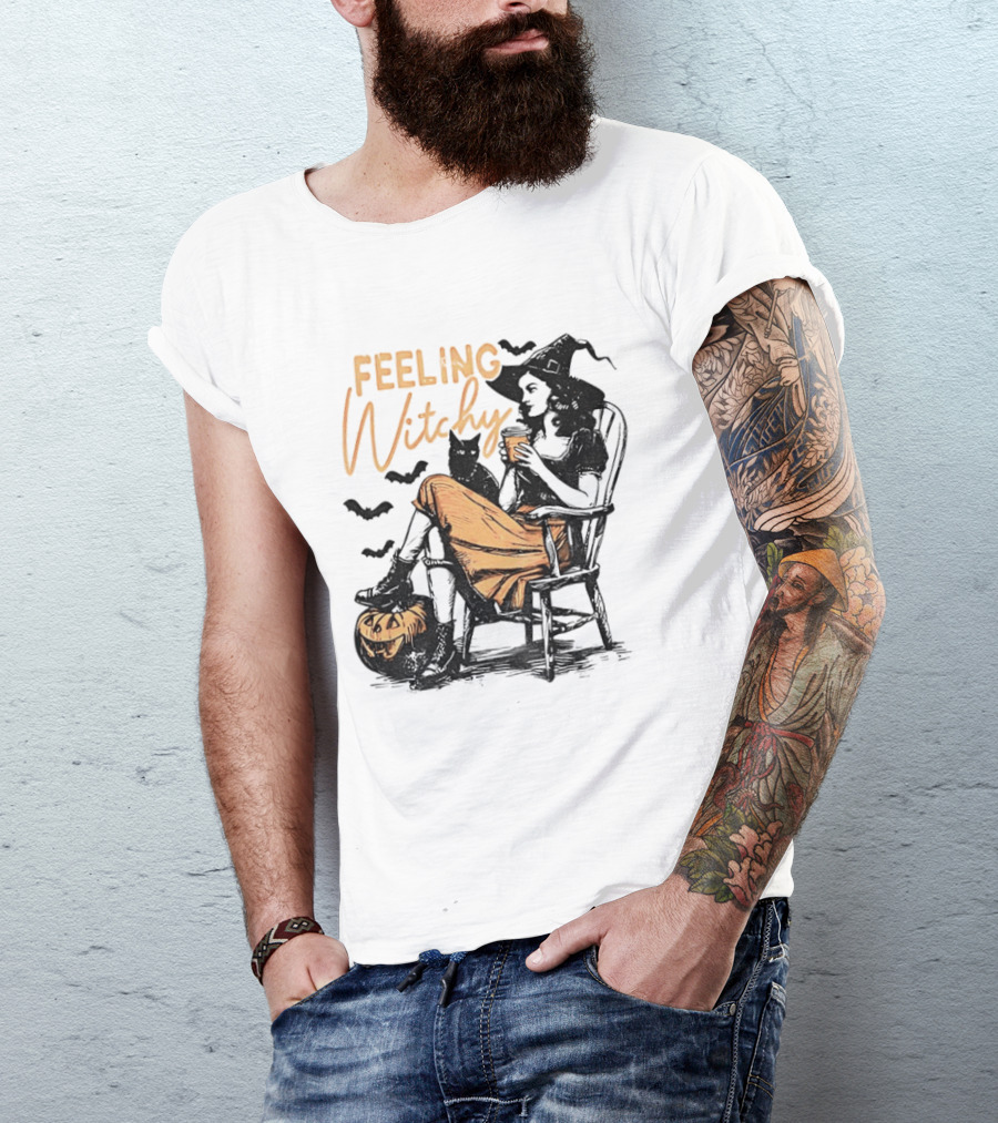 Feeling Witchy Witch With Pumpkin And Bats Halloween Vibes T-Shirt