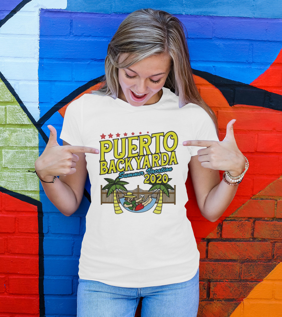 Puerto Backyarda Summer Vacation 2020 Relaxing Hammock Palm Trees Retro Cartoon T-Shirt