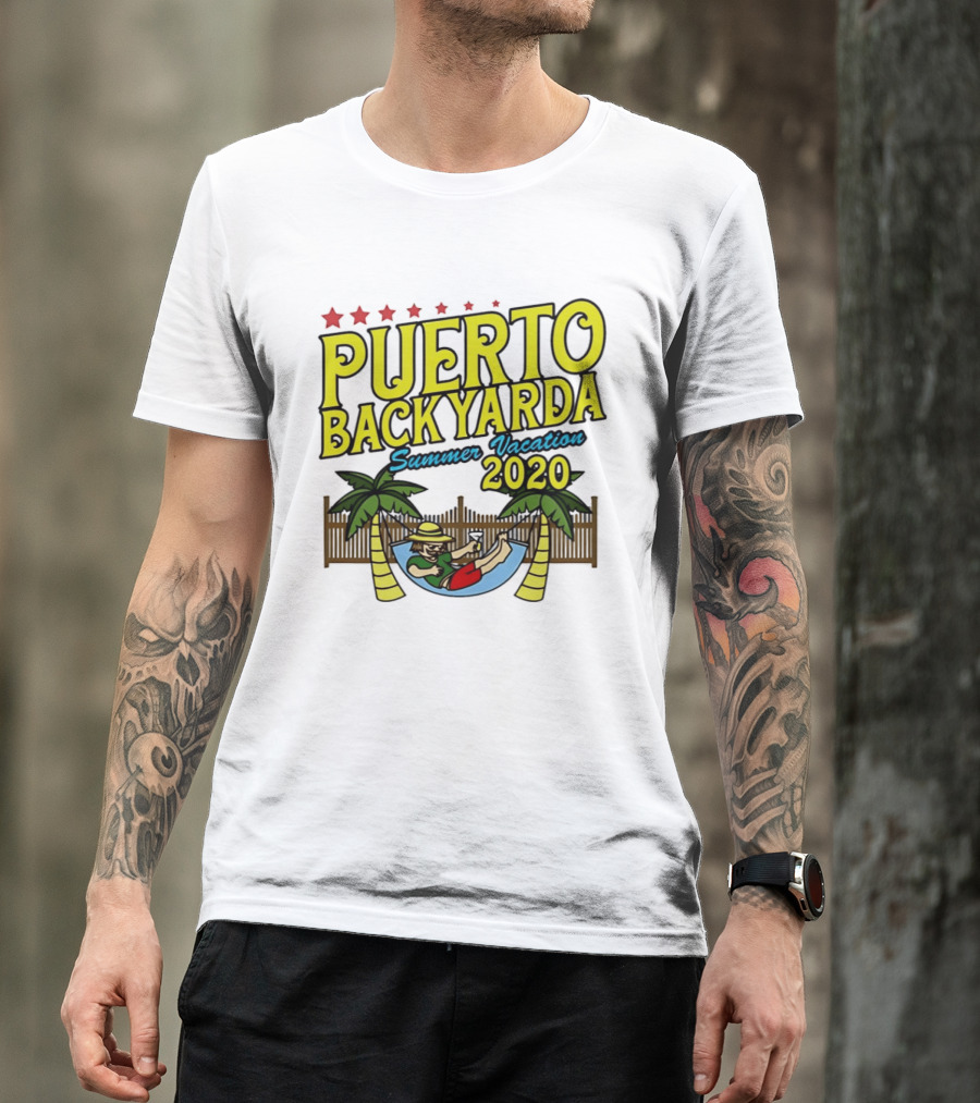 Puerto Backyarda Summer Vacation 2020 Relaxing Hammock Palm Trees Retro Cartoon T-Shirt