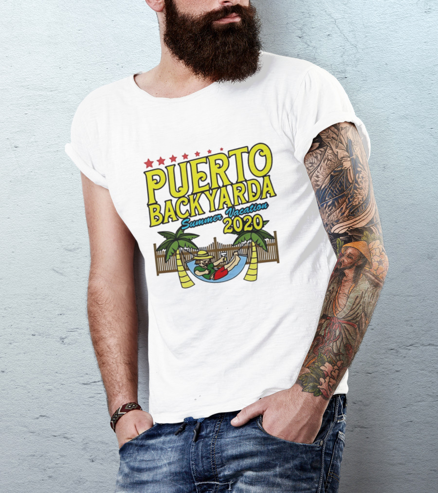 Puerto Backyarda Summer Vacation 2020 Relaxing Hammock Palm Trees Retro Cartoon T-Shirt