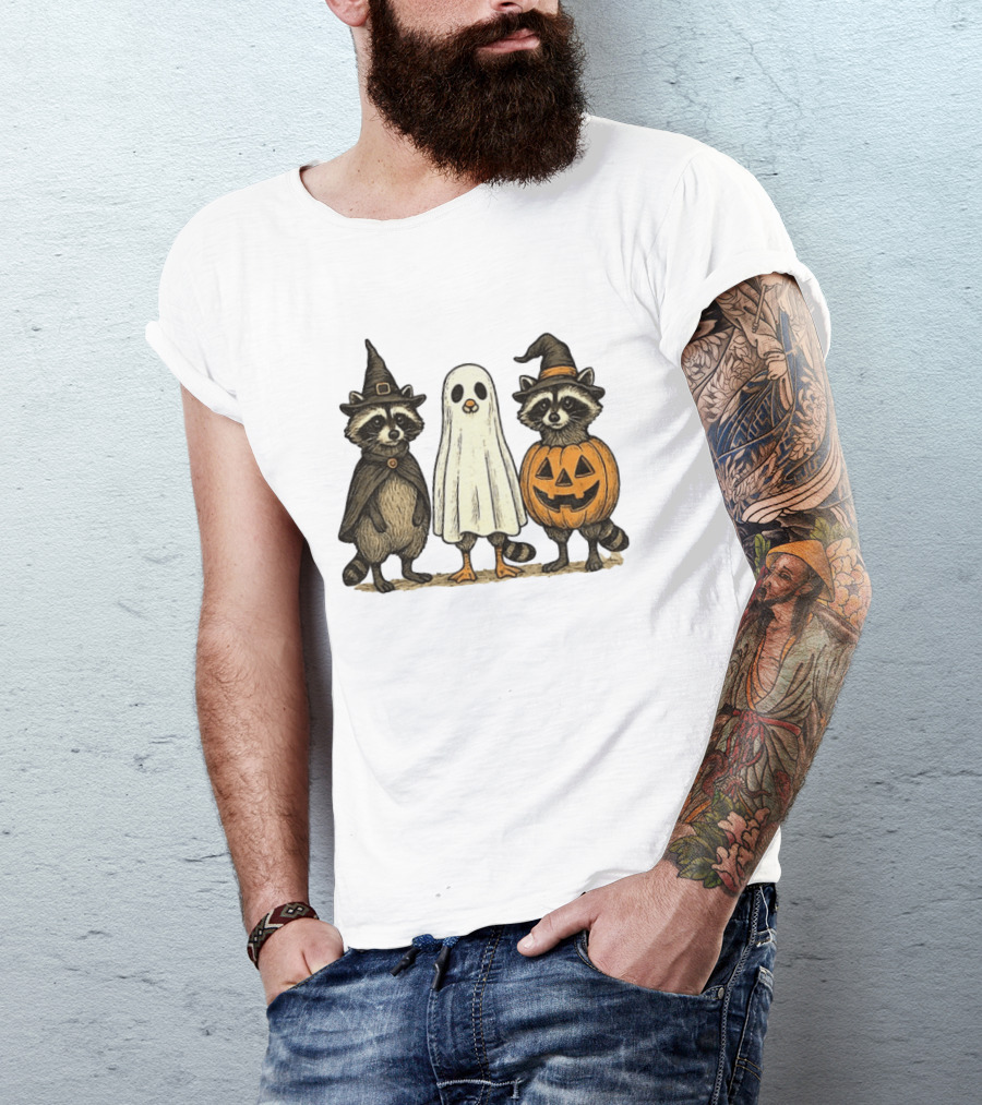 Spooky Boo Ghost Raccoon Pumpkin Raccoon Witch Hat Happy Halloween 2025 T-Shirt