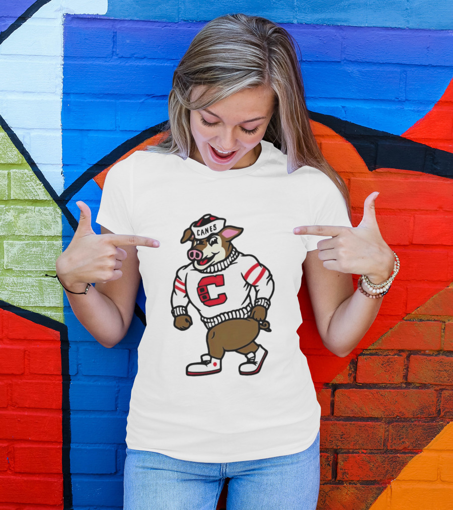 Canes Mascot Pig In Red And White Sweater With Stripes T-Shirt
