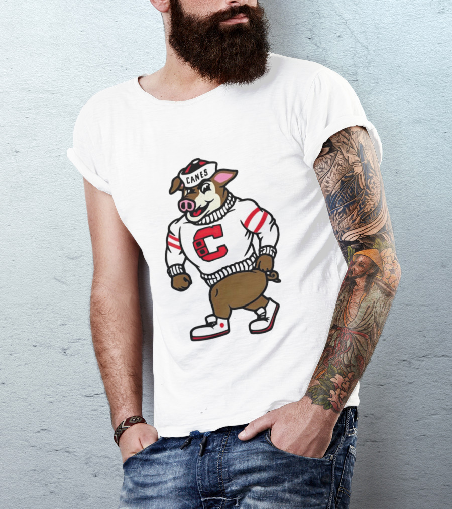Canes Mascot Pig In Red And White Sweater With Stripes T-Shirt