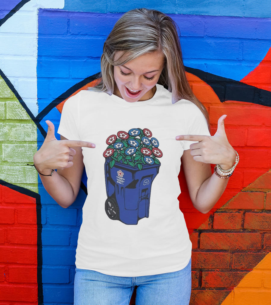 Vandy The Pink Trash Can Blue Recycling Bin Flowers T-Shirt