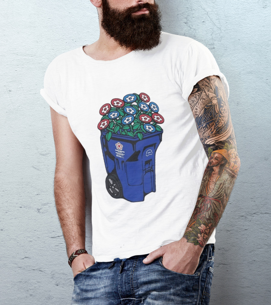 Vandy The Pink Trash Can Blue Recycling Bin Flowers T-Shirt