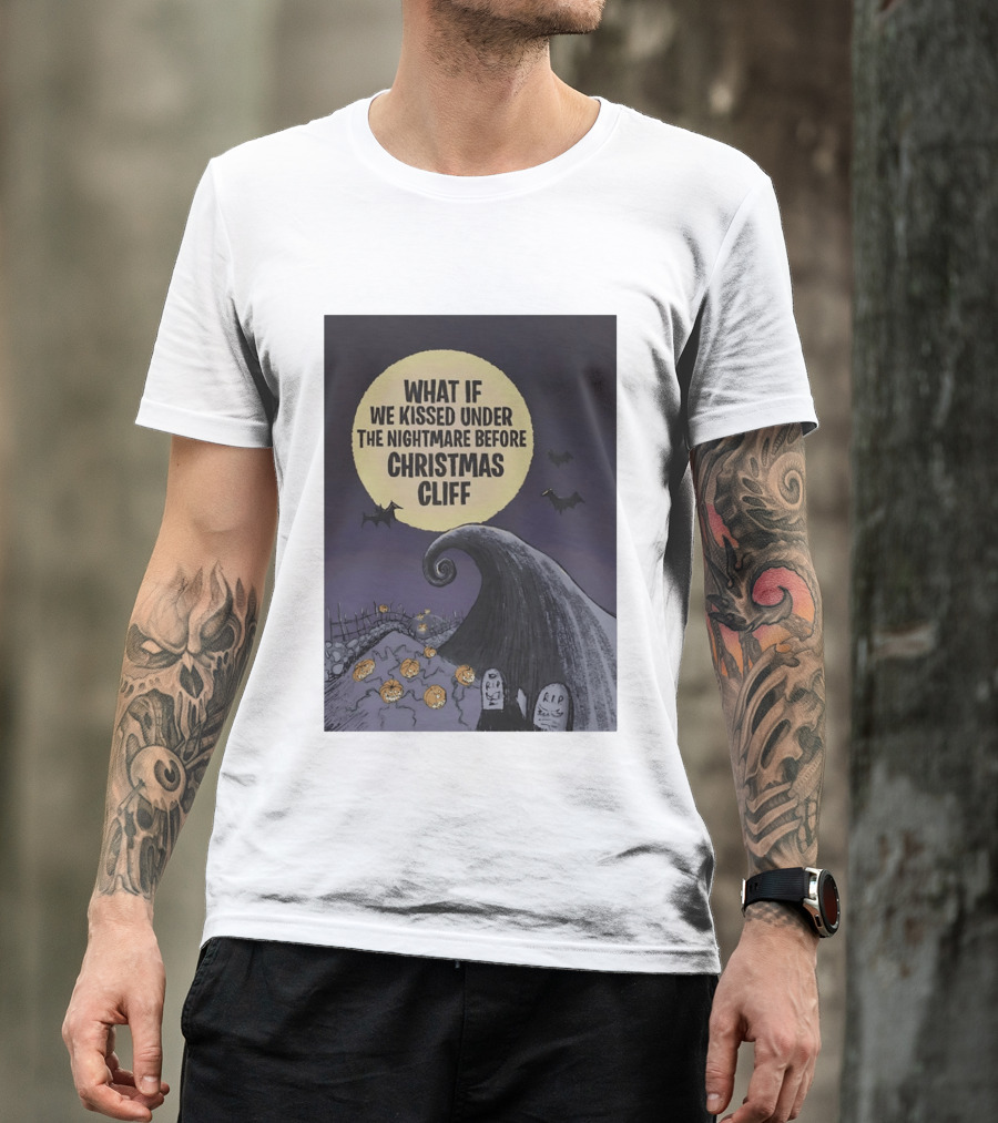 What If We Kissed Under The Nightmare Before Christmas Cliff Halloween Moon Bats Pumpkins Graveyard Scene T-Shirt