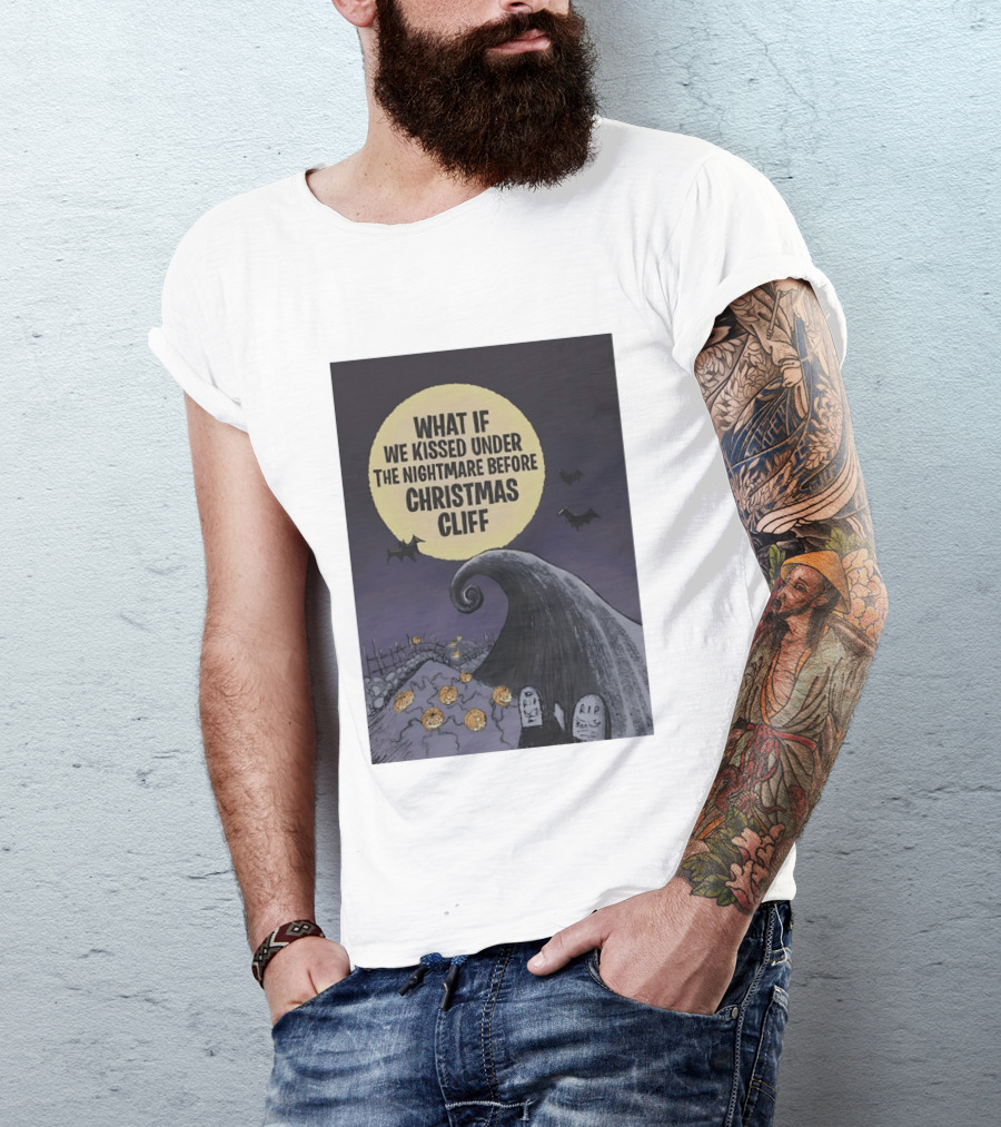 What If We Kissed Under The Nightmare Before Christmas Cliff Halloween Moon Bats Pumpkins Graveyard Scene T-Shirt