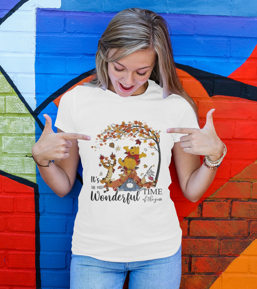 Winnie The Pooh It's The Most Wonderful Time Of The Year Happy Fall Autumn Leaves T-Shirt