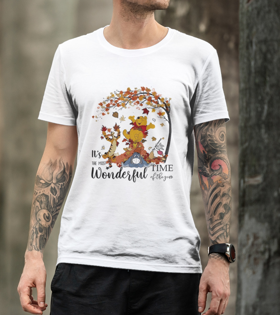 Winnie The Pooh It's The Most Wonderful Time Of The Year Happy Fall Autumn Leaves T-Shirt