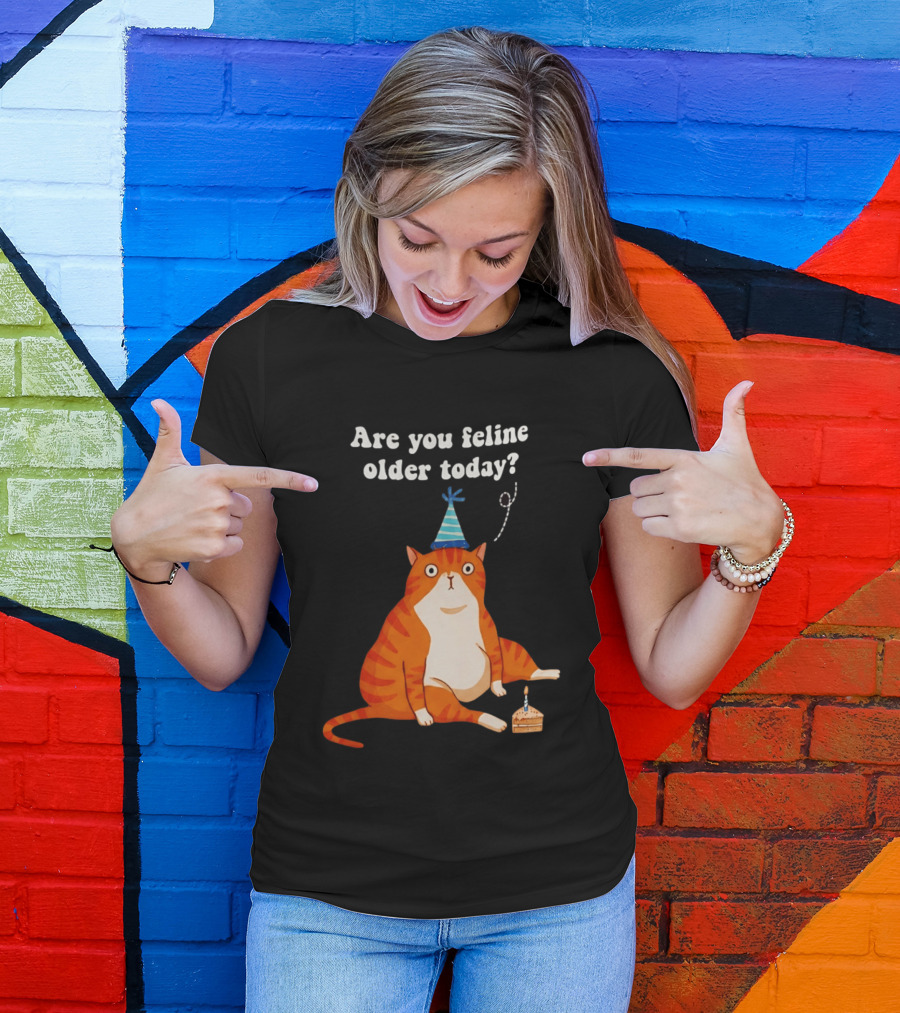Are You Feline Older Today Birthday Cat With Party Hat And Cake T-Shirt