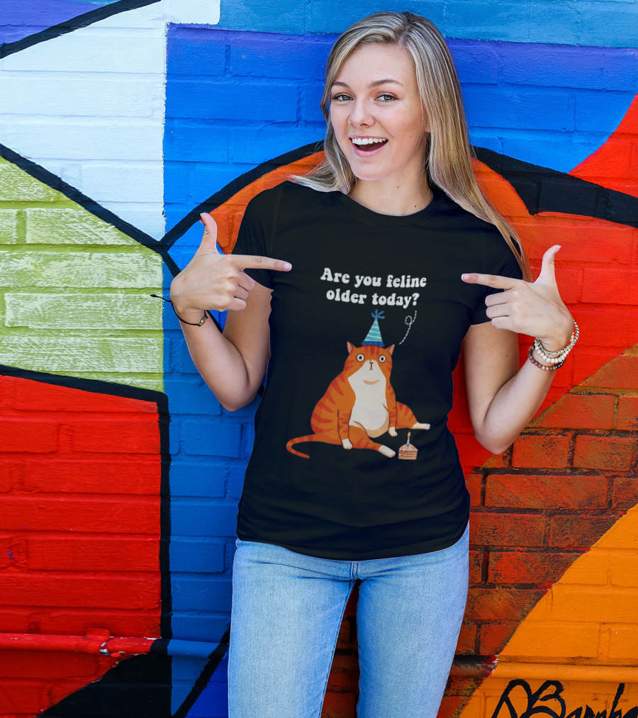 Are You Feline Older Today Birthday Cat With Party Hat And Cake T-Shirt