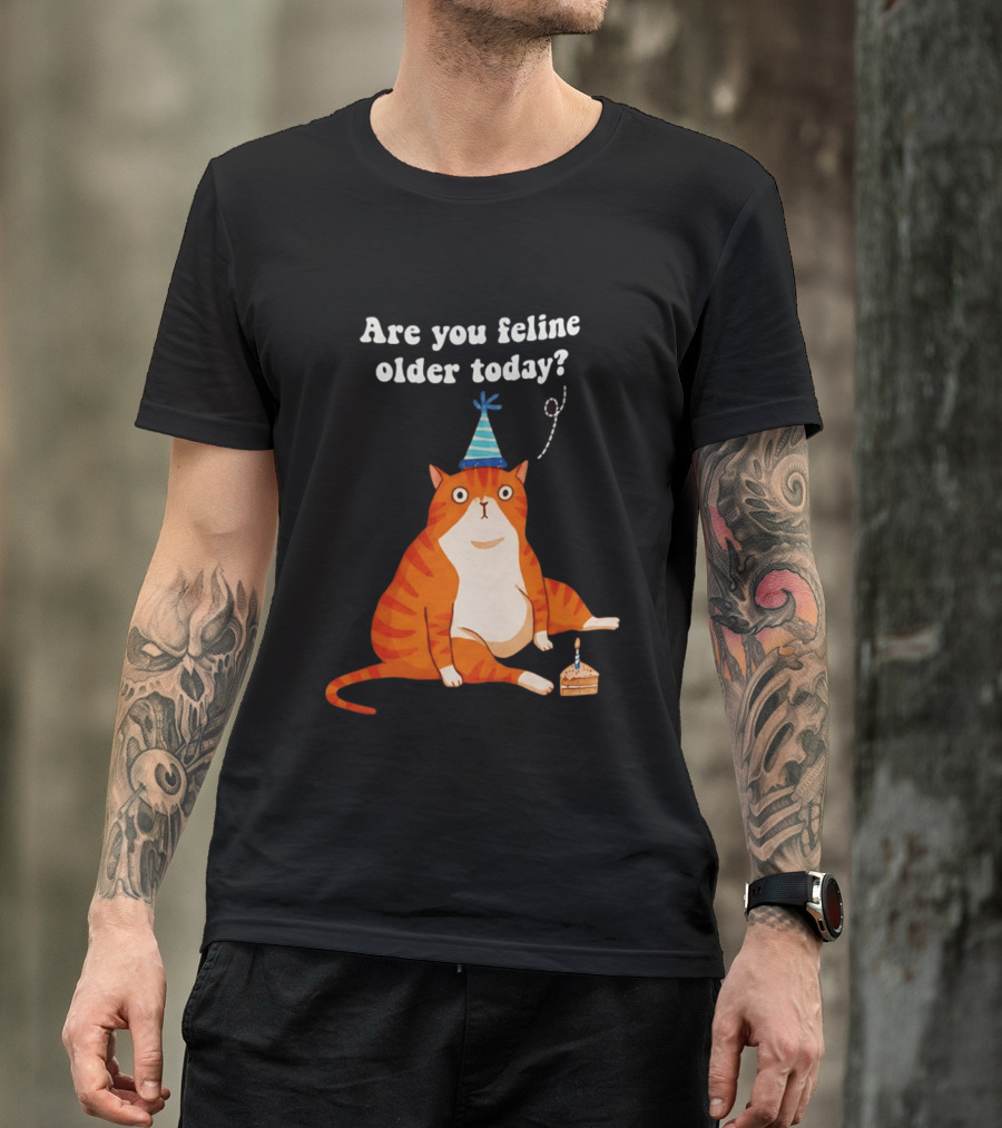 Are You Feline Older Today Birthday Cat With Party Hat And Cake T-Shirt