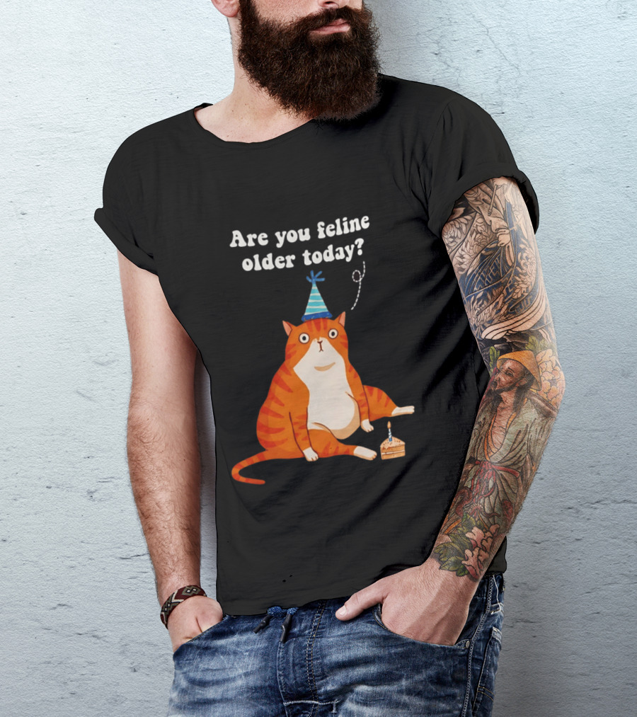 Are You Feline Older Today Birthday Cat With Party Hat And Cake T-Shirt
