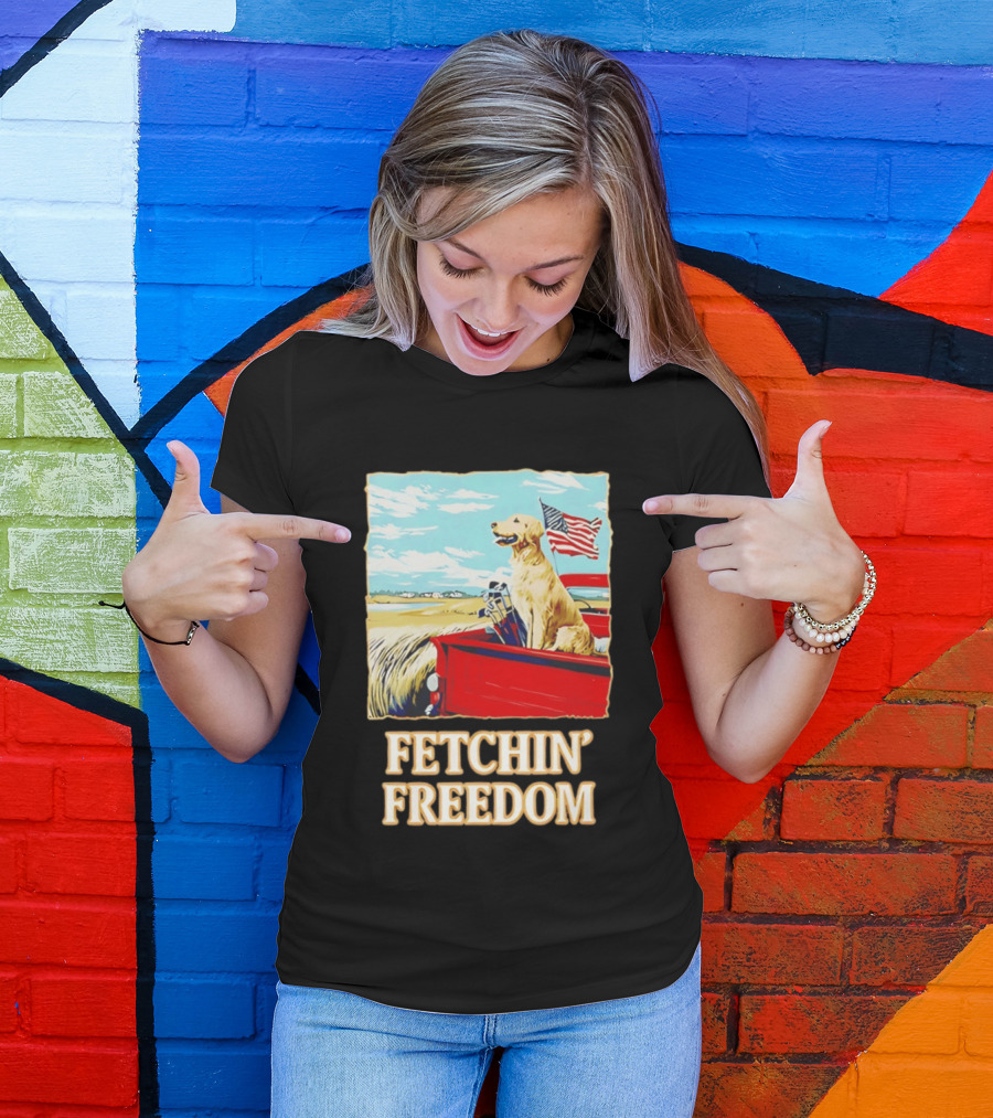Fetching Freedom Dog And American Flag Scene T-Shirt