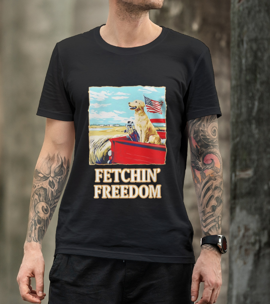 Fetching Freedom Dog And American Flag Scene T-Shirt