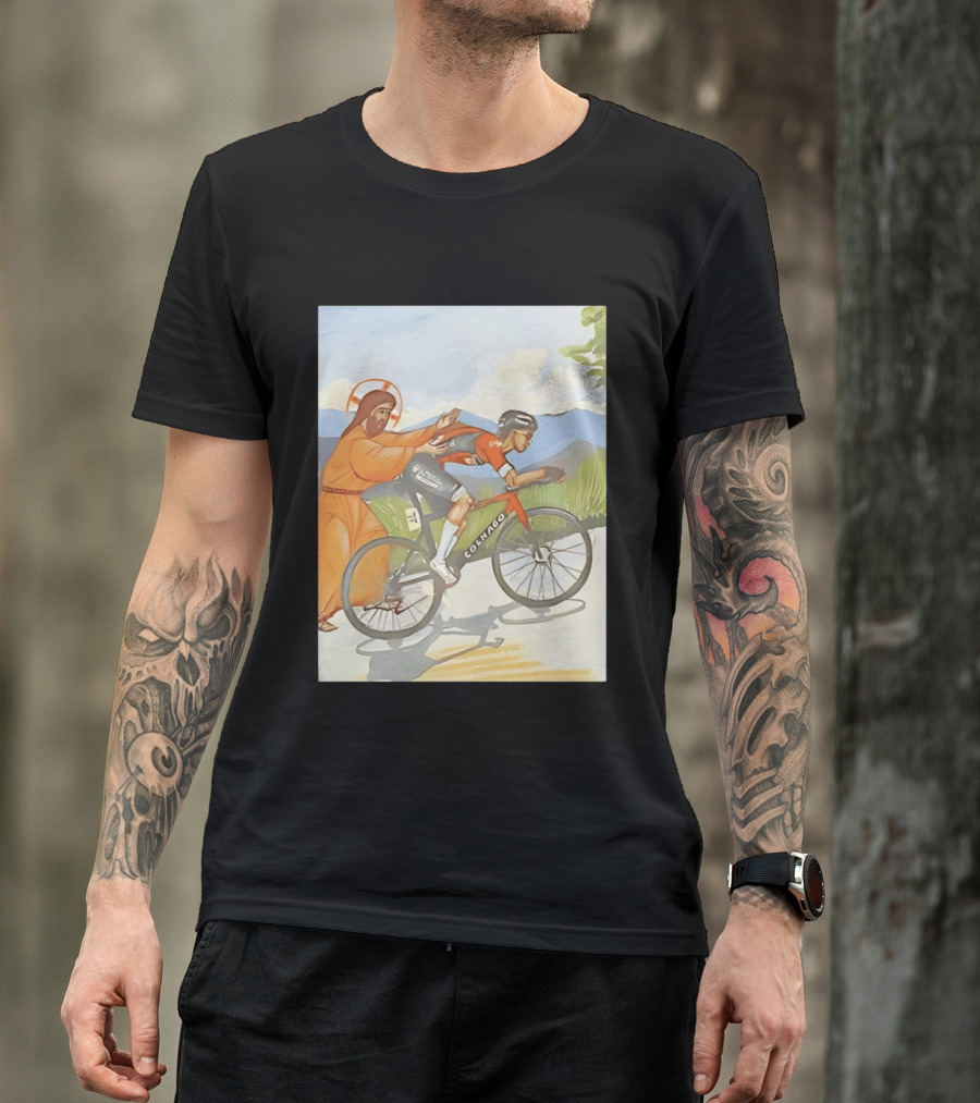 Jesus Gives Tadej Pogačar A Push Colnago Cycling T-Shirt