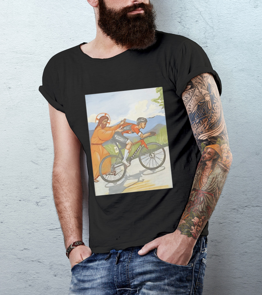 Jesus Gives Tadej Pogačar A Push Colnago Cycling T-Shirt