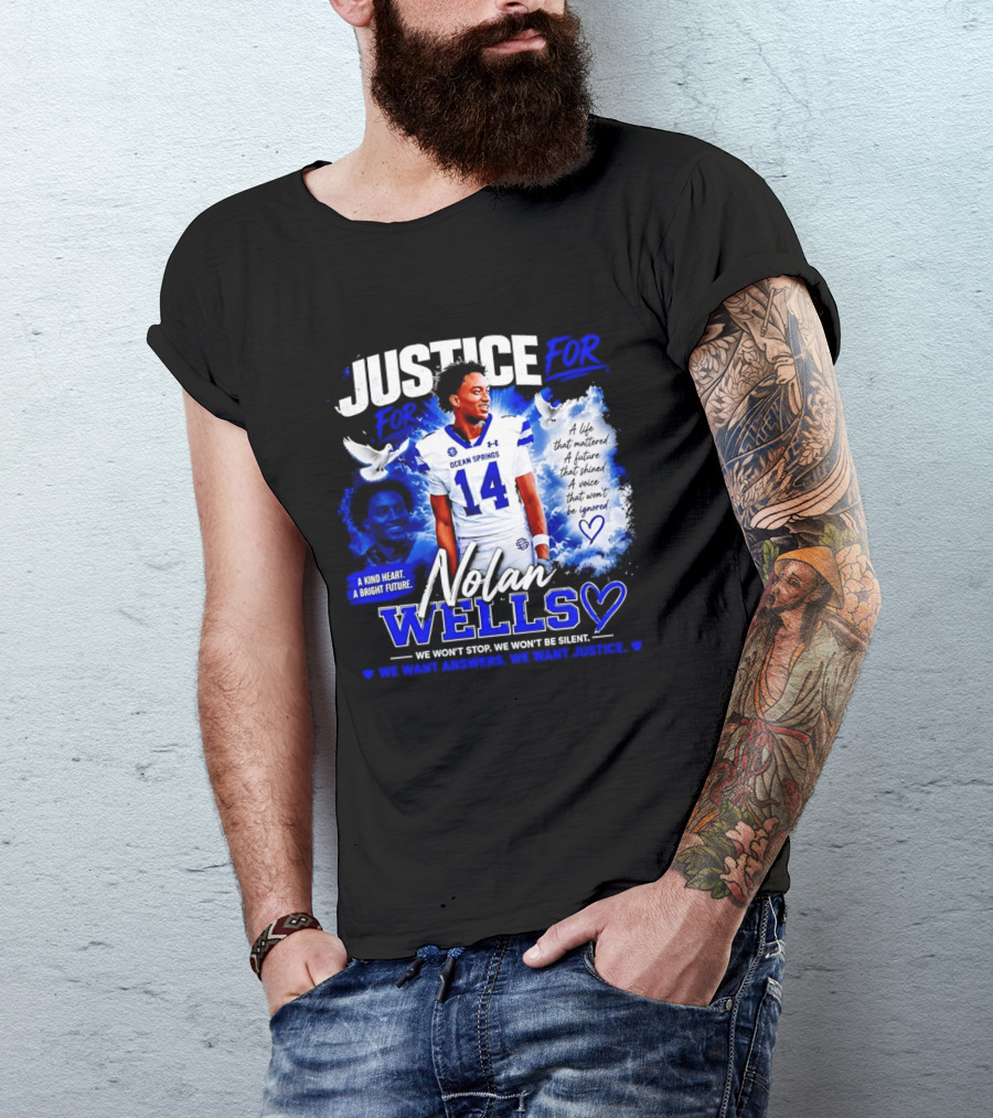 Justice For Nolan Wells Ocean Springs Football Number 14 Ignored Heart We Won't Stop Silent T-Shirt
