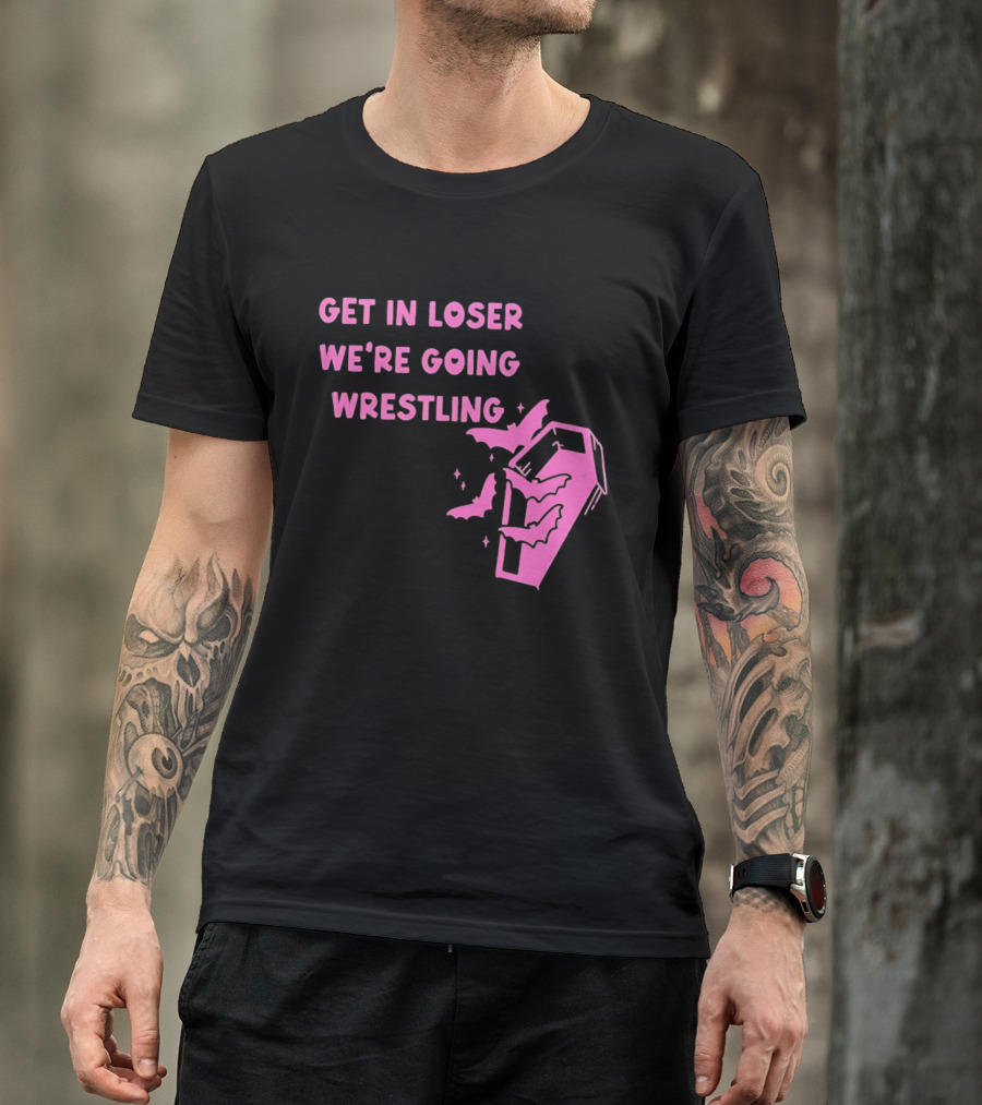 Get In Loser We're Going Wrestling Coffin With Bats And Stars T-Shirt