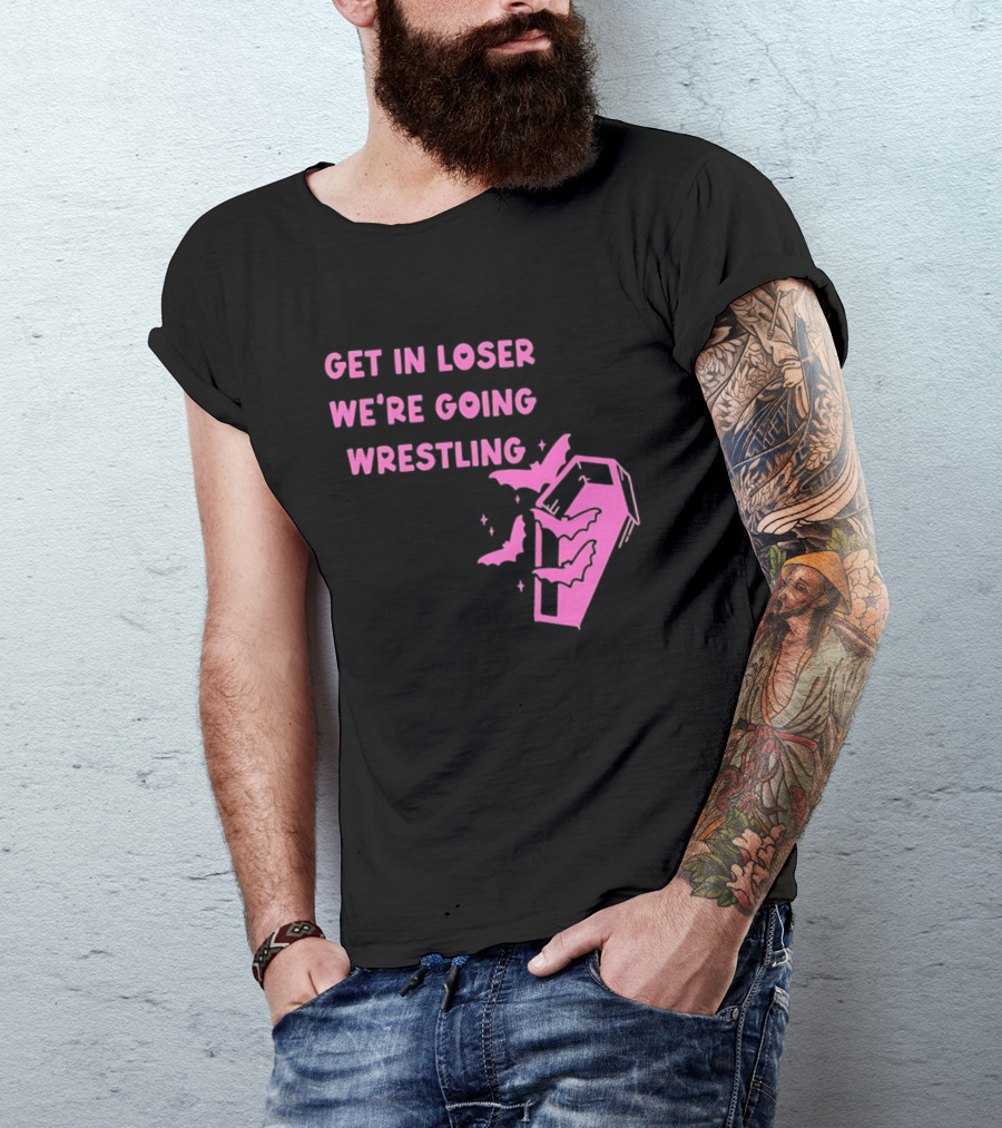 Get In Loser We're Going Wrestling Coffin With Bats And Stars T-Shirt