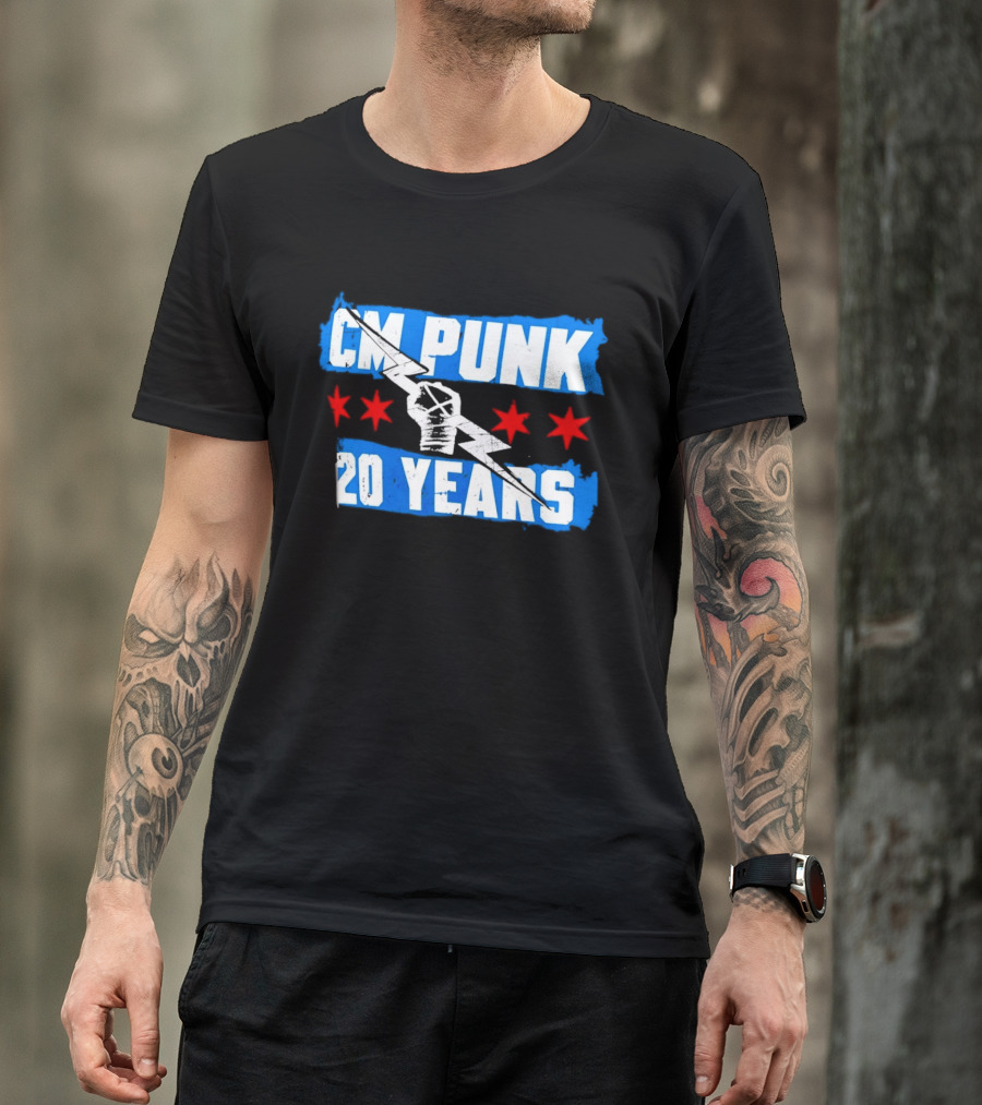 CM Punk 20 Years WWE Flag With Stars And Lightning Fist T-Shirt