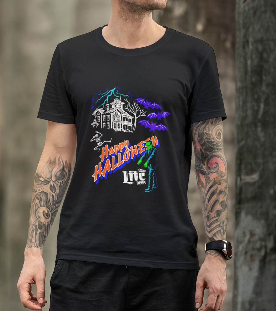 Happy Halloween Miller Lite Beer Haunted House Frankenstein Bats T-Shirt