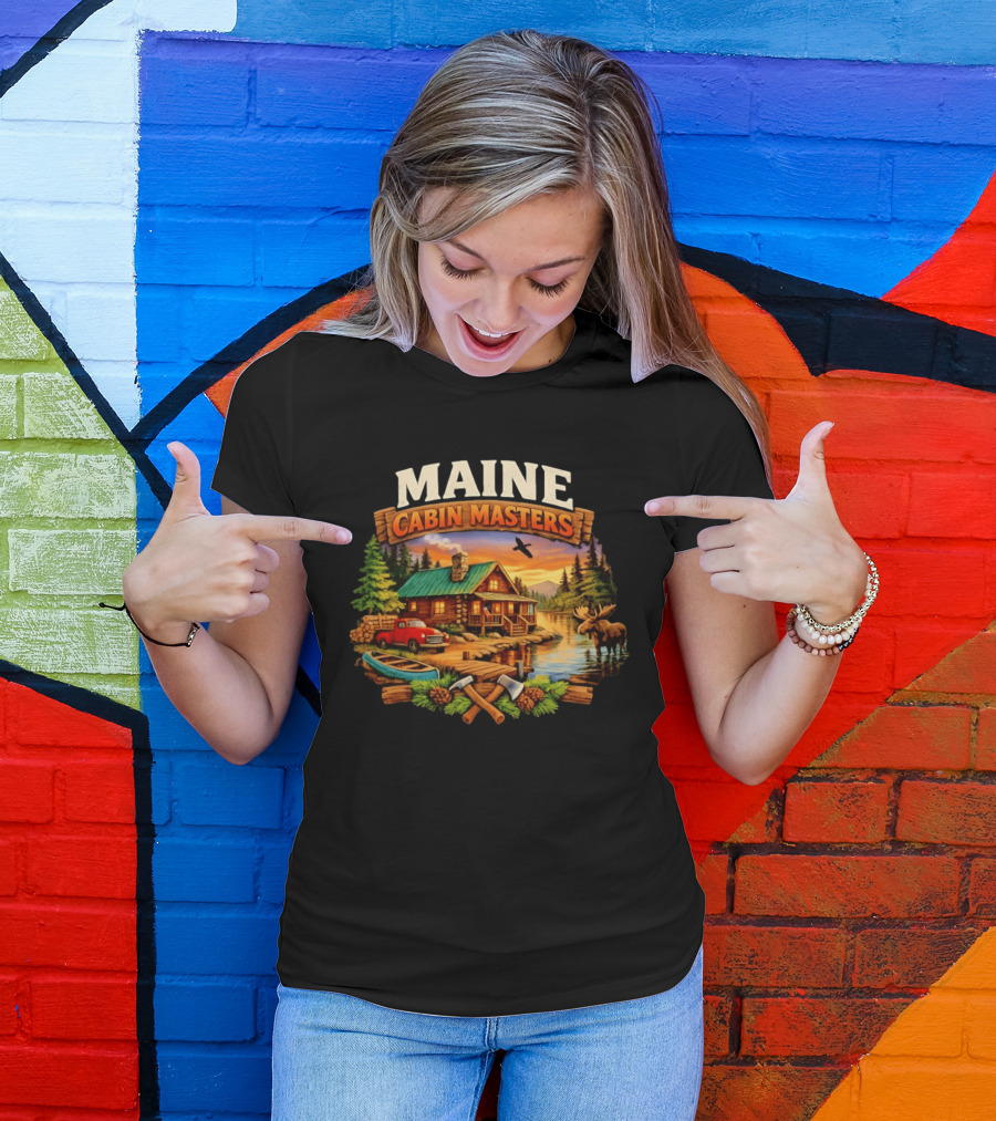 Maine Cabin Masters Rustic Wilderness Scene With Moose And Red Truck T-Shirt