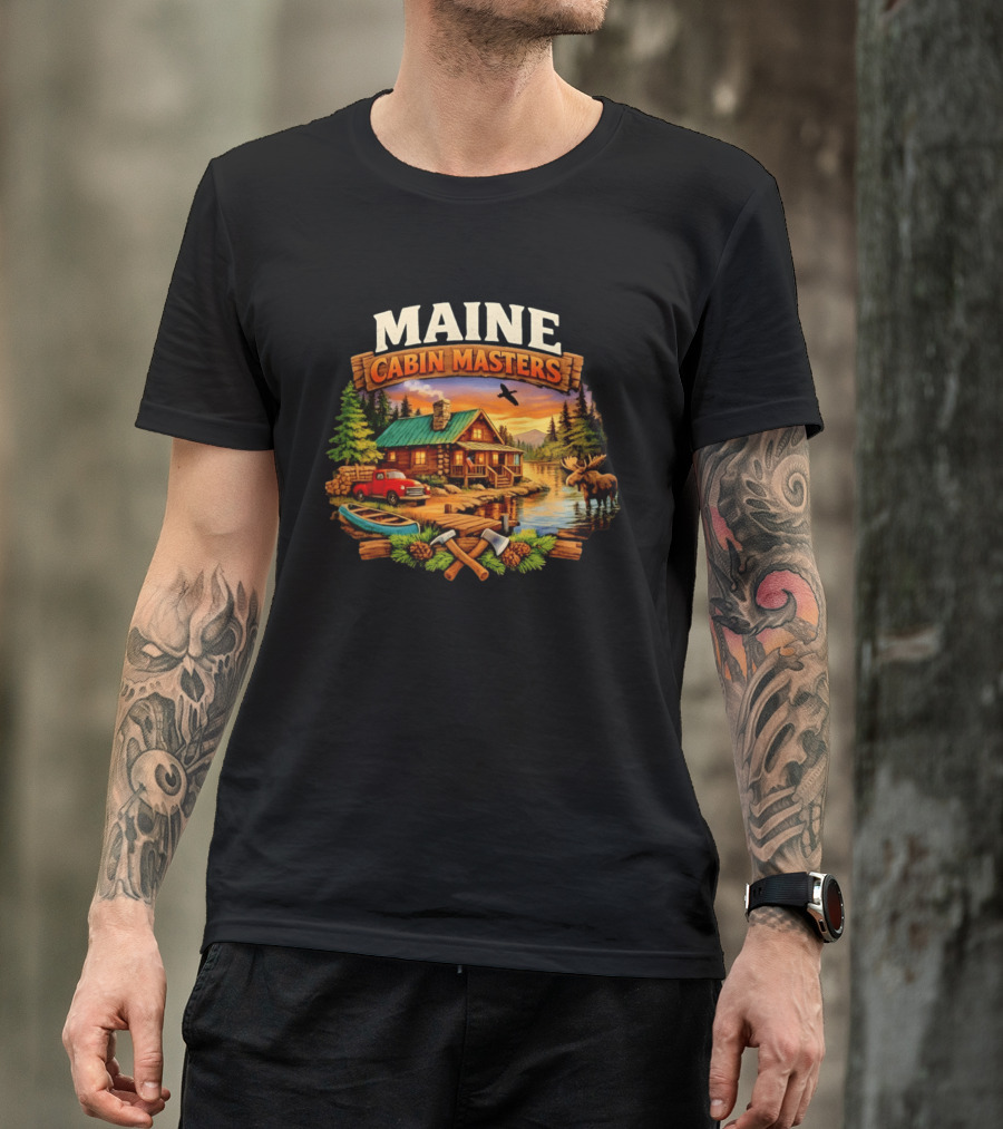 Maine Cabin Masters Rustic Wilderness Scene With Moose And Red Truck T-Shirt