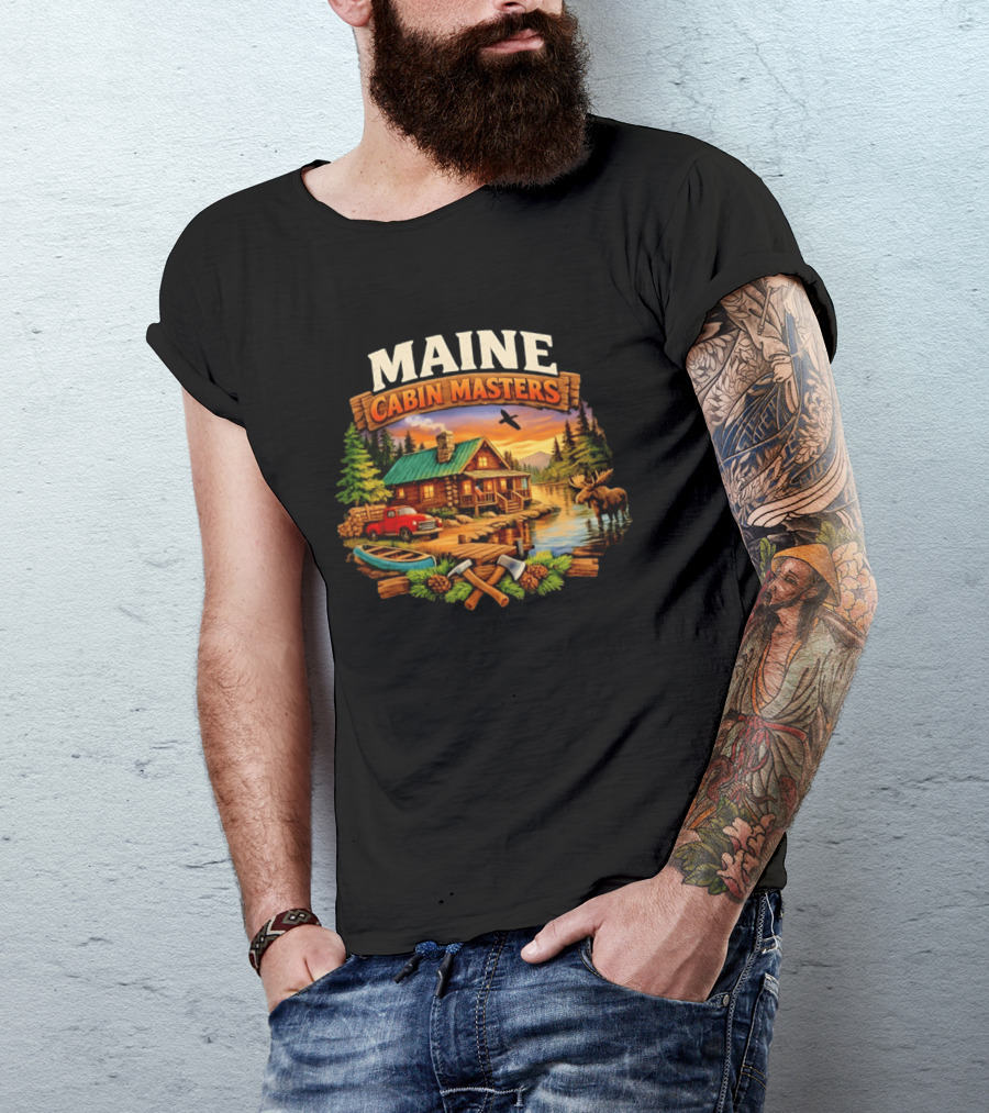 Maine Cabin Masters Rustic Wilderness Scene With Moose And Red Truck T-Shirt