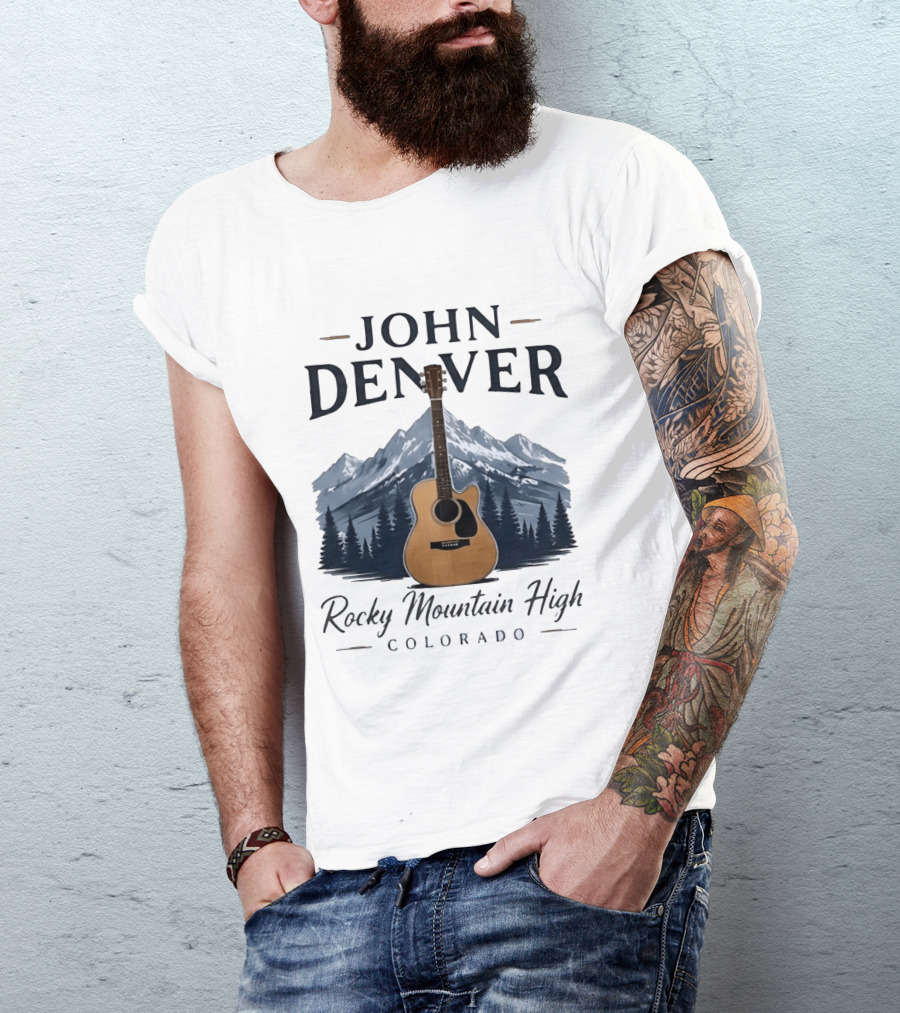 John Denver Rocky Mountain High Colorado Guitar Mountain Scene T-Shirt