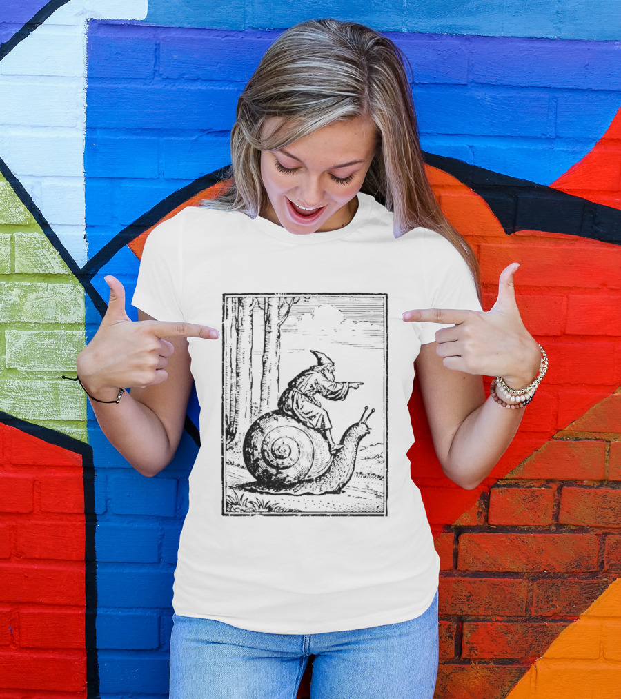 Medieval Snail Rider Wizard Woodcut Fantasy Enchantment T-Shirt