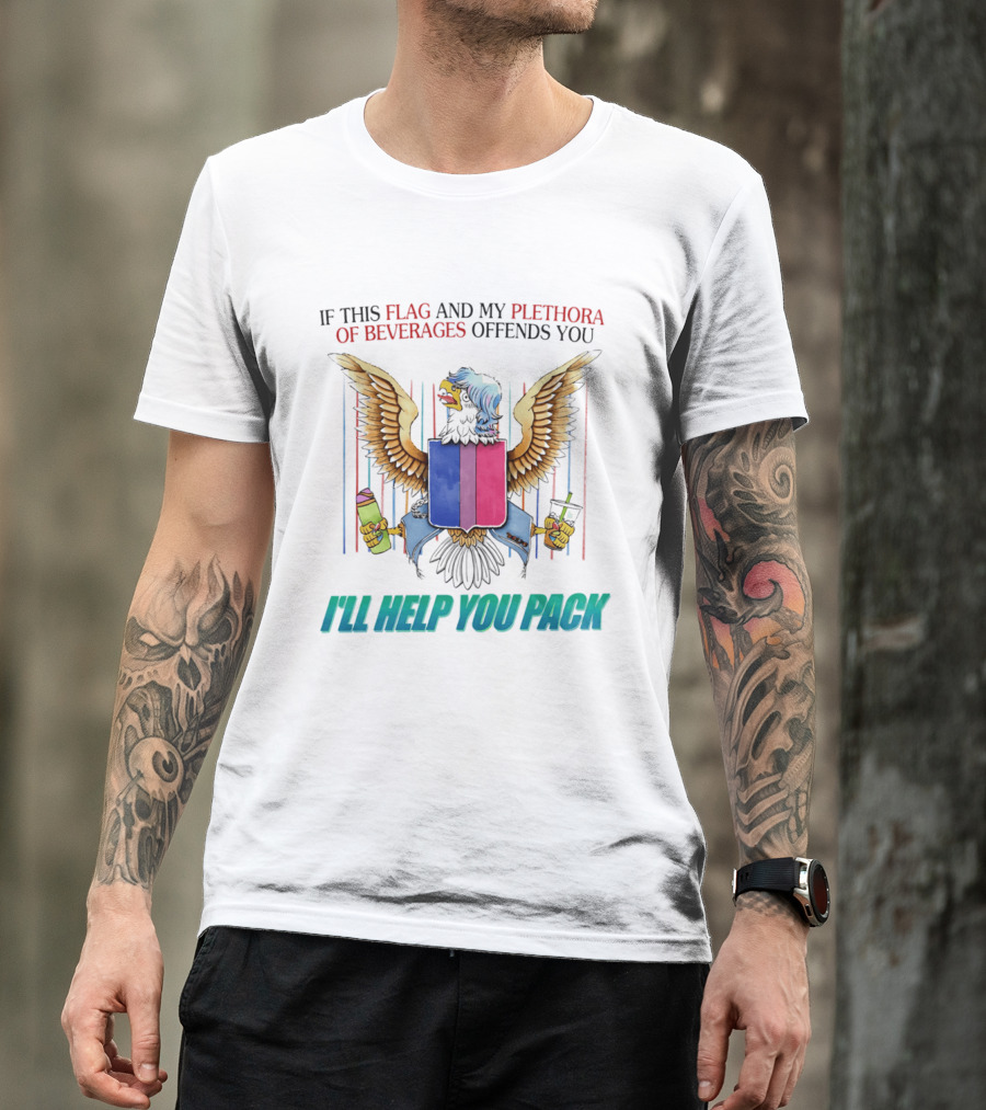 If This Flag And My Plethora Of Beverages Offends You I'll Help You Pack Eagle Holding Drinks T-Shirt