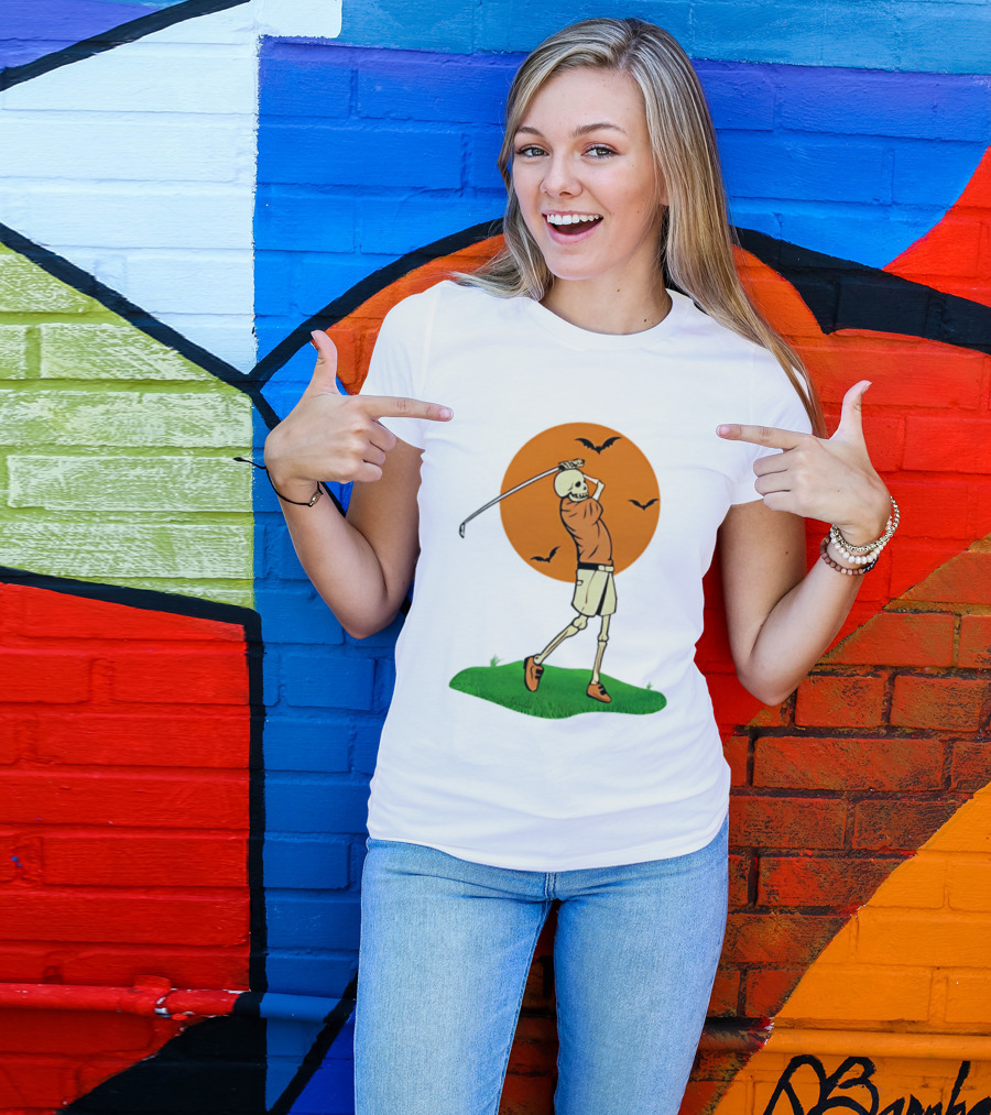 Skeleton Golfer At Sunset With Flying Bats T-Shirt