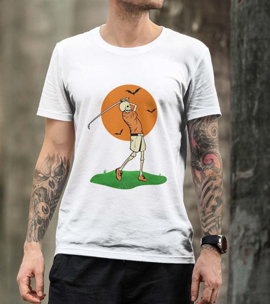 Skeleton Golfer At Sunset With Flying Bats T-Shirt