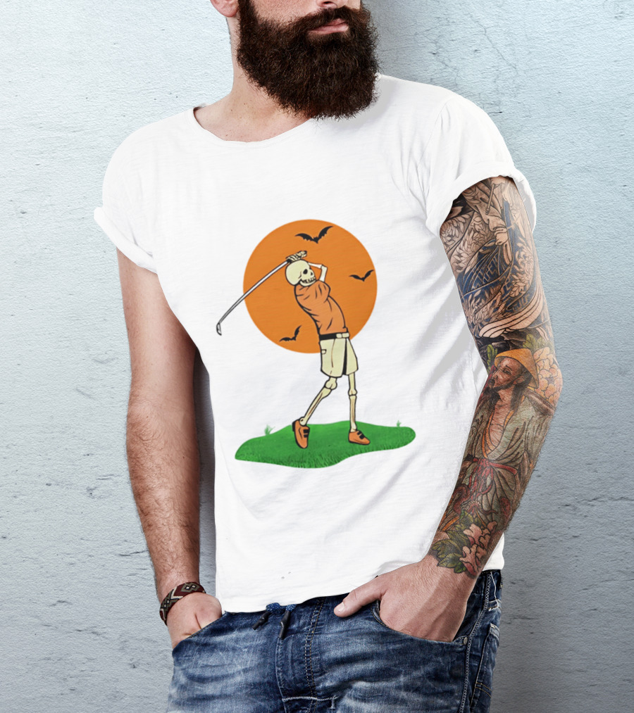 Skeleton Golfer At Sunset With Flying Bats T-Shirt