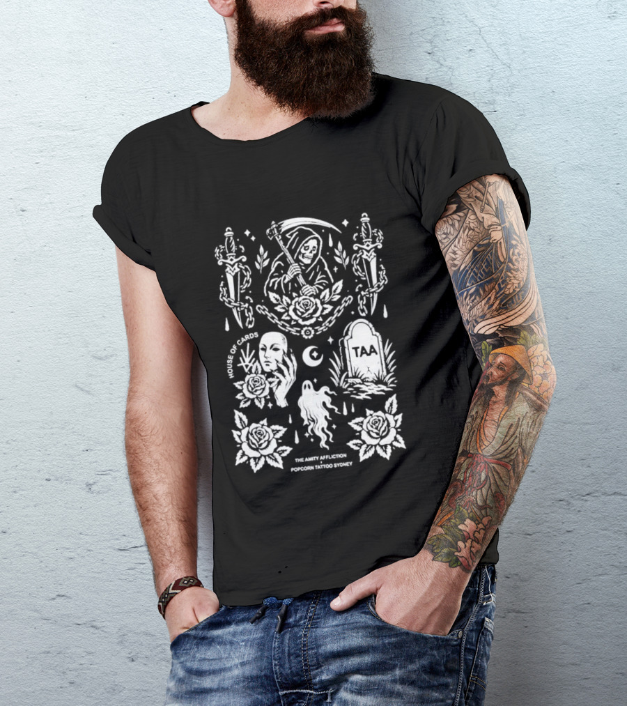 The Amity Affliction X Popcorn Tattoo Sydney Grim Reaper Floral Cemetery TAA T-Shirt