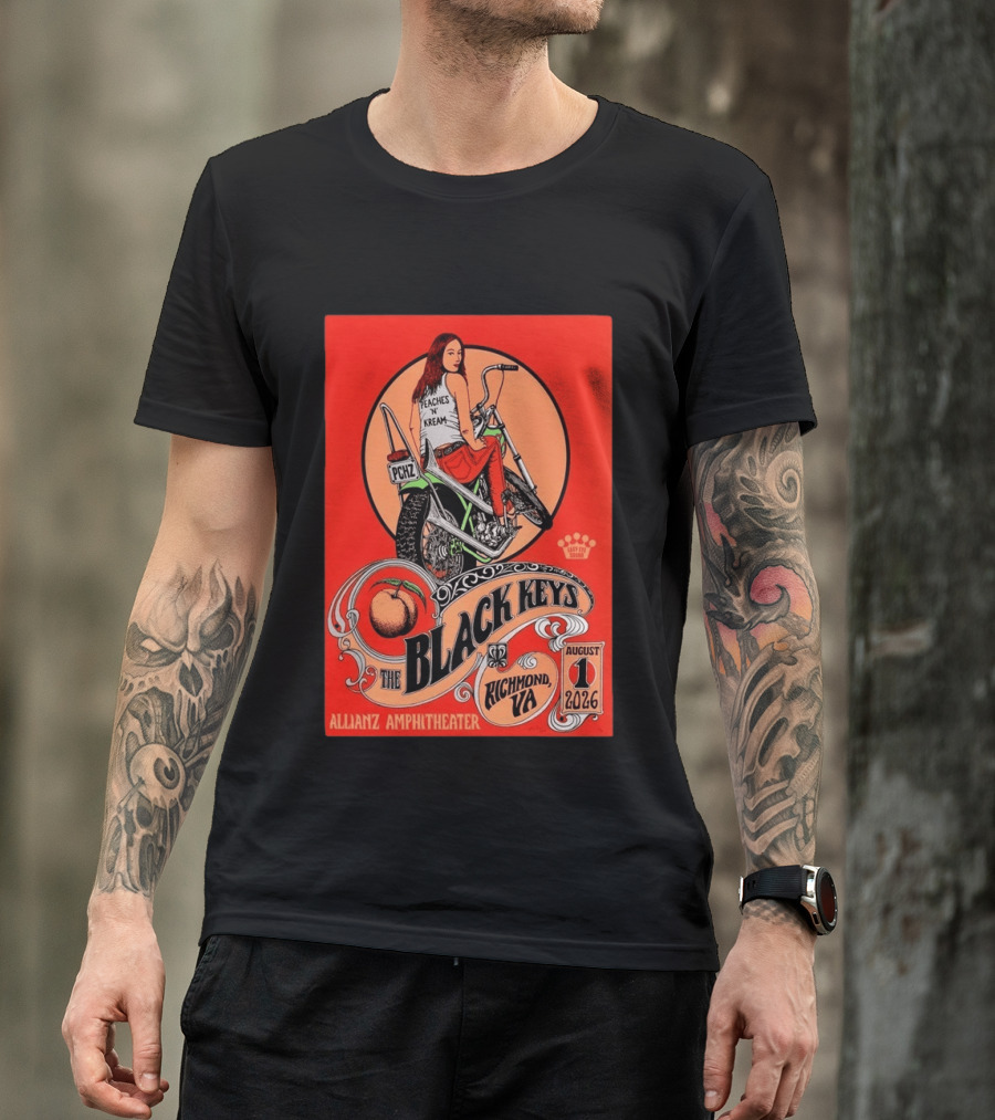 The Black Keys Allianz Amphitheater Richmond VA August 1 2026 Peaches N Kream Motorcycle T-Shirt