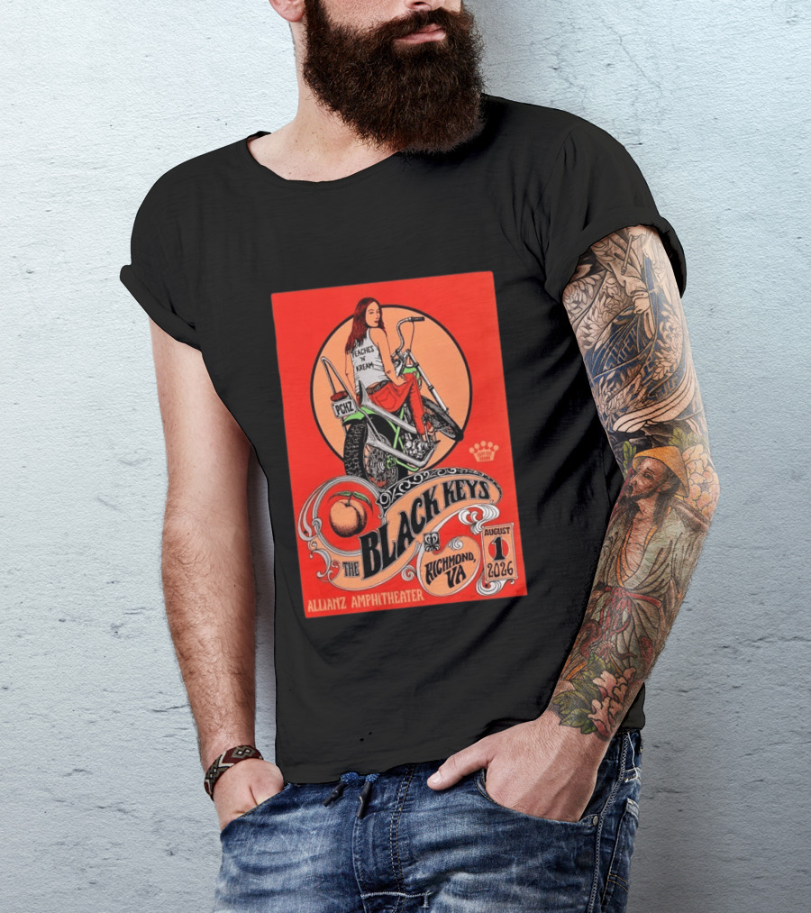 The Black Keys Allianz Amphitheater Richmond VA August 1 2026 Peaches N Kream Motorcycle T-Shirt