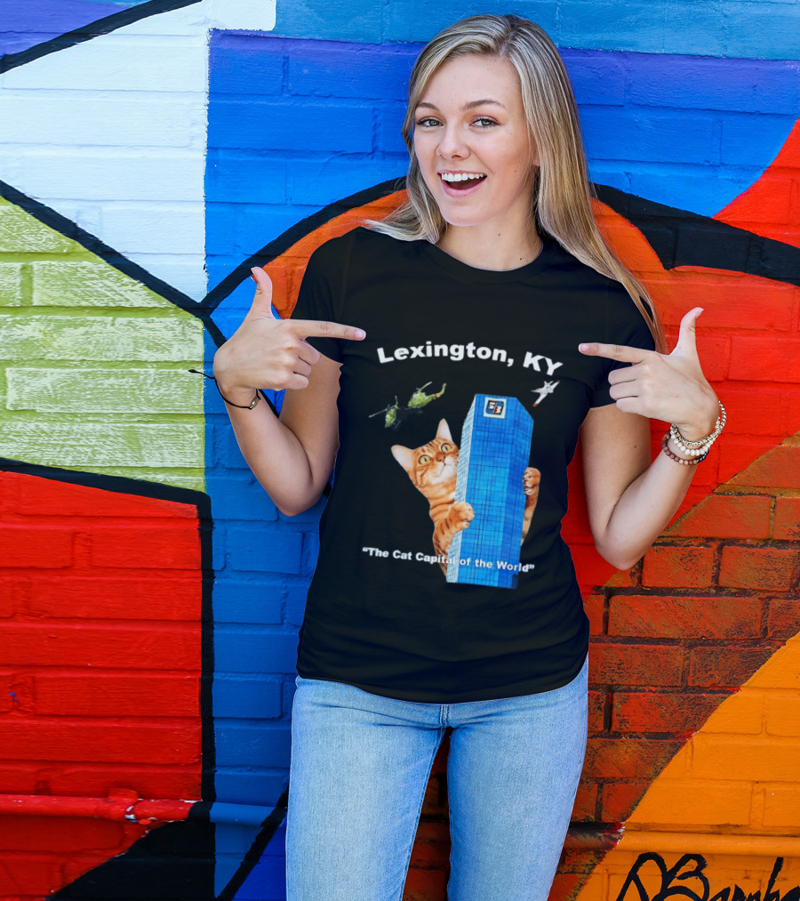 Lexington KY The Cat Capital Of The World Funny Cat With Building And Helicopter T-Shirt