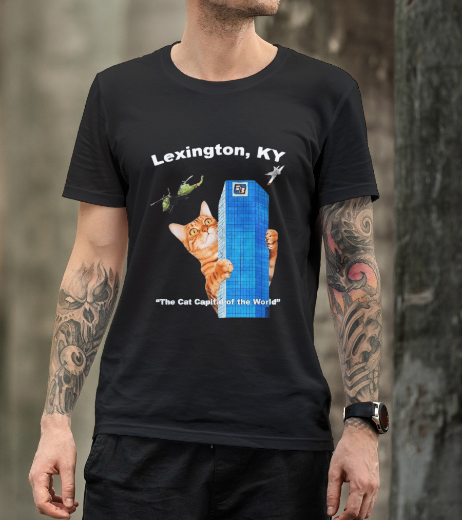 Lexington KY The Cat Capital Of The World Funny Cat With Building And Helicopter T-Shirt