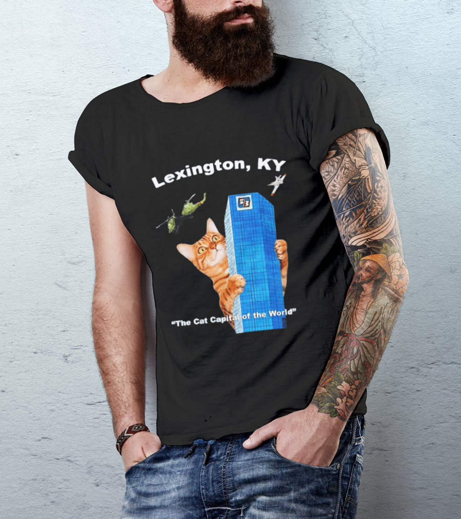 Lexington KY The Cat Capital Of The World Funny Cat With Building And Helicopter T-Shirt