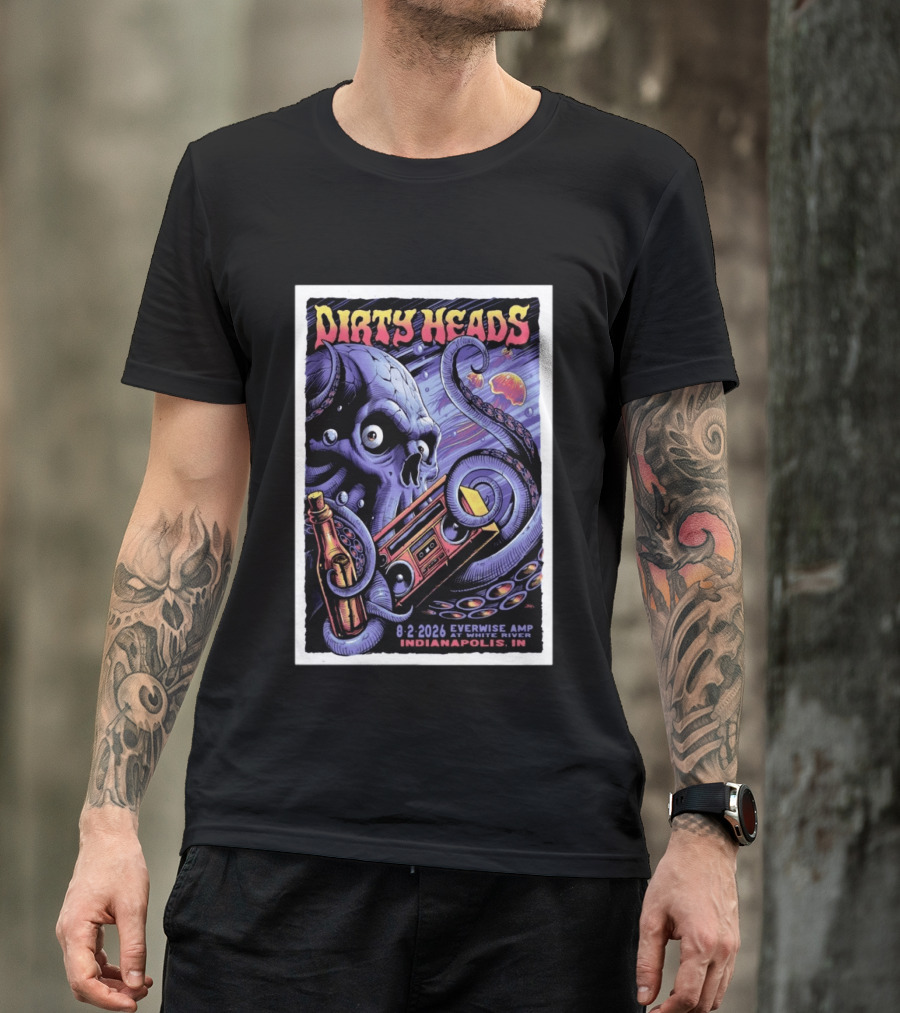 Dirty Heads Everwise Amp At White River 8.2.2026 Indianapolis IN Octopus Skull Alien Boombox T-Shirt