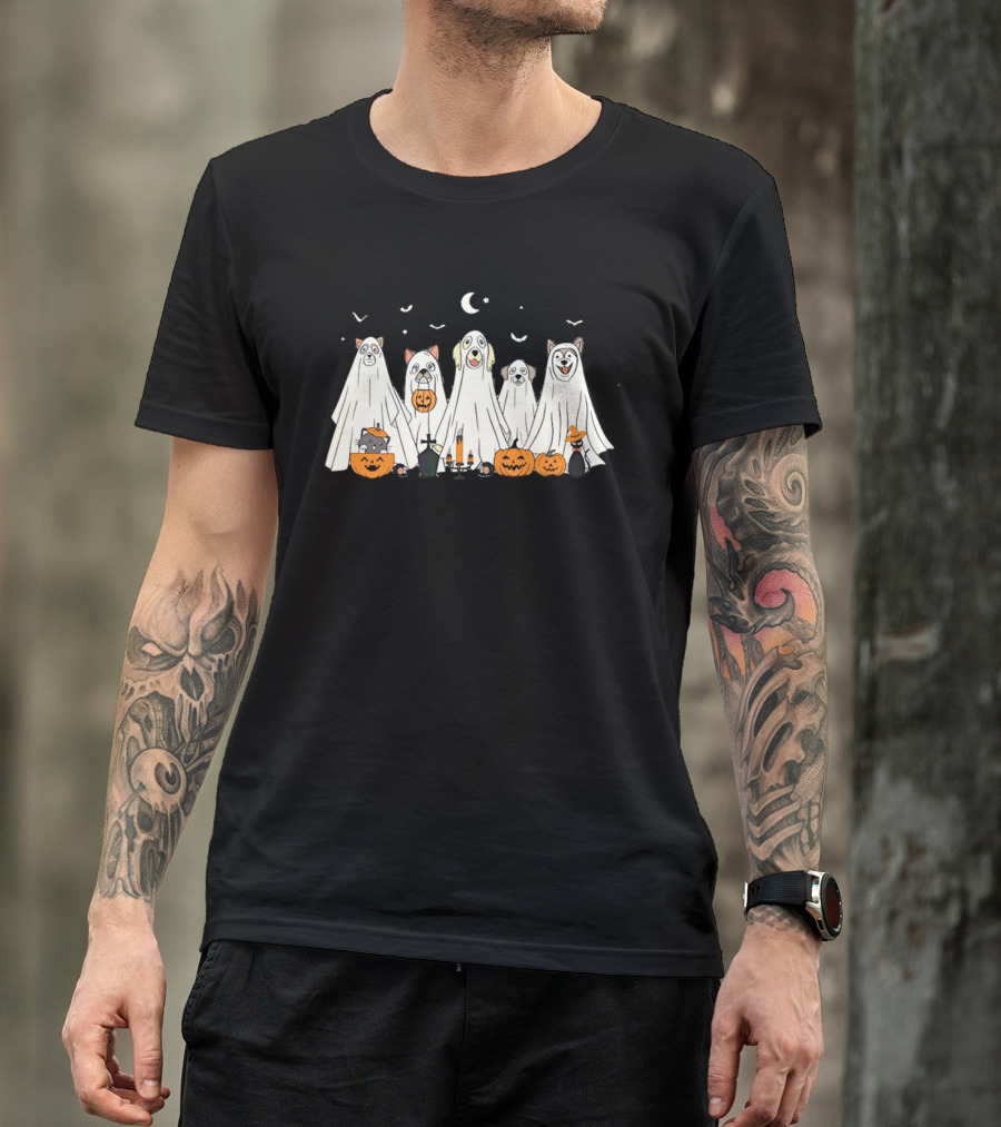 Halloween Ghost Dog Pack With Pumpkins And Moonlit Night T-Shirt