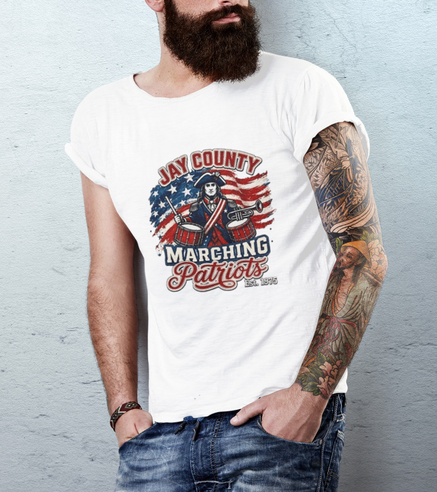 Jay County Marching Patriots Est 1975 American Flag Drummer T-Shirt