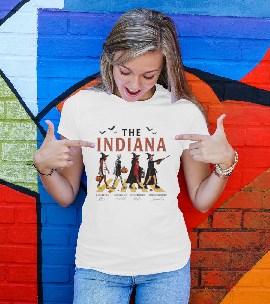 The Indiana Fever WNBA Aliyah Boston Caitlin Clark Kelsey Mitchell Sophie Cunningham Halloween Crosswalk Skeleton Witches Pumpkin T-Shirt