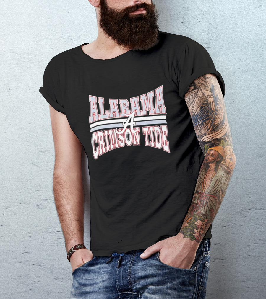 Alabama Crimson Tide Script A Curved Stripes Block Lettering T-Shirt
