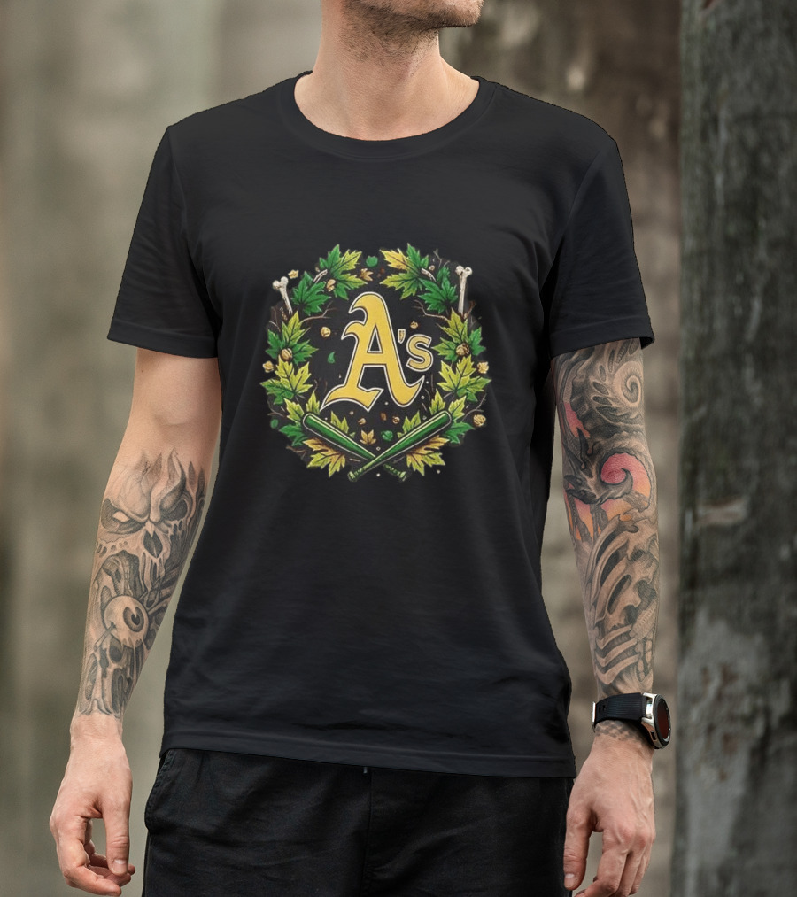 A's Halloween Maple Leaves Skull Crossed Bats Baseballs T-Shirt