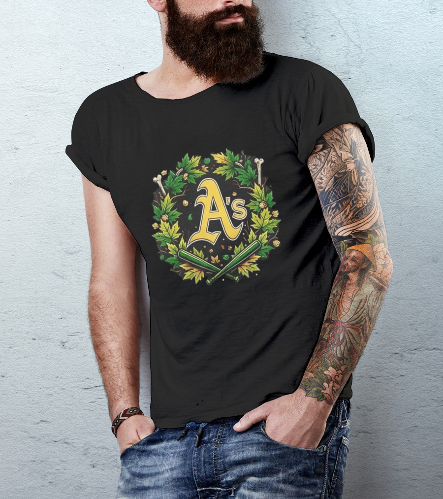 A's Halloween Maple Leaves Skull Crossed Bats Baseballs T-Shirt