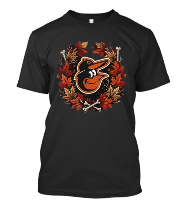 Baltimore Orioles Halloween Maple Leaves Skull Crossed Bats Baseballs T-Shirt